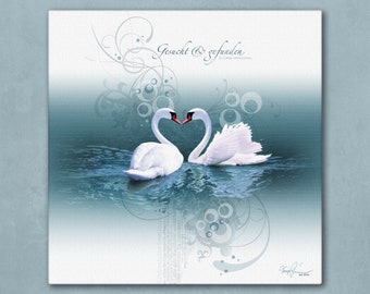 Canvas picture »Swan Heart«, customizable, for a wedding, artwork, many sizes, portrait format or square, art, collage