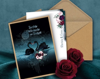 Personalized congratulations card “dark wedding” for the wedding, including envelope and matching insert sheet, sturdy folding card, gothic