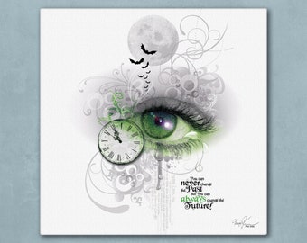 Canvas picture "New Beginning", artwork, eye in green, art, wall decoration, collage, many sizes, square or portrait format