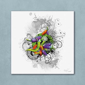Cuadro en lienzo »Chili«, arte, obra de arte, collage, regalo, varios tamaños, formato cuadrado o vertical, decoración de pared