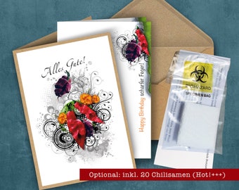 Personalized card »Chili HOT« with insert sheet, envelope & chili seeds, extra hot, congratulations card, for men, organic