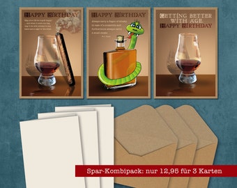 2x greeting cards “Whisky / Rum” including envelope & insert sheet, artwork, sturdy kraft paper