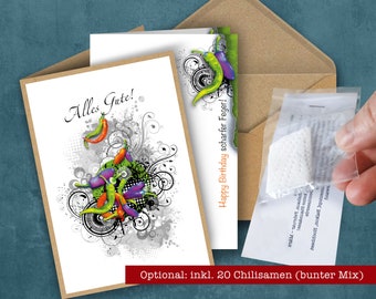 Personalized card »Chilimix« with seeds, greetings card, birthday card, with insert sheet, envelope, with chili seed mix, organic