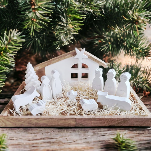 Handgefertigte Weihnachtskrippe Moderne Krippe mit Holztablett gemütliche Weihnachtsdeko Winterdeko Weihnachten Skandi Deko