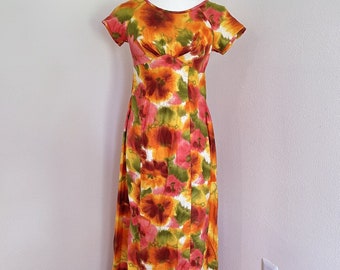 Vtg 60s Aikane Fashions Hawaiian Muu Muu Colorful Floral Maxi Dress Hibiscus