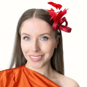 May include: A red feather and fabric hair clip with a bow. The hair clip is worn by a person with long brown hair.