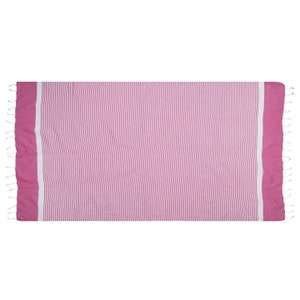 May include: A pink and white striped beach towel with fringed edges.