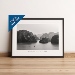 Horizontal Halong Bay Travel Print, Digital Download, Minimalistic wall decor, Black and White Travel Print, Vietnam Travel Posters