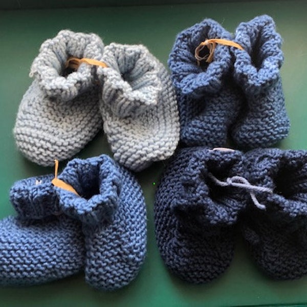 chaussons bébé, taille 0 à 6/9 mois, tricotés à la main, laine 100% mérinos