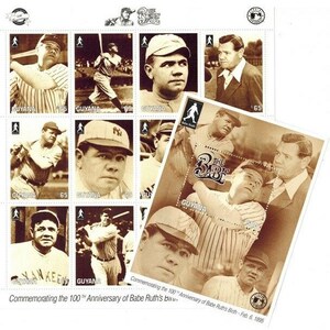 100th Ann. of Babe Ruth&#39;s Birth,Stamp Sheet of 12 stamps + Souvenir Sheet Guyana