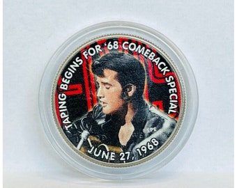 Elvis Presley Doll ELVIS PRESLEY - The King & Last Concert- Colorized JFK Kennedy Half Dollar Us 2 Coin Set With Stands Officially Licensed Other Elvis Presley Memorabilia
