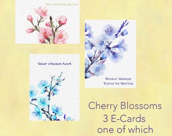 Sakura Watercolor Art - 3 E-cards - One Customizable E-card - Nam Myoho Renge Kyo  - Cherry Blossom Art - Watercolour and Ink
