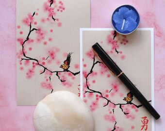 Sumi-e Bird Blossoms Card - Kanji Character Courage - Prayer Card Digital Download - Watercolor Ink Art Card - Nam Myoho Renge Kyo - Sensei