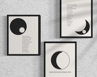 Liturgy Wall Art - 3 Piece Set - Lotus Sutra - Nichiren Buddhism - Nam Myoho Renge Kyo - Sun Moon Art - Daishonin