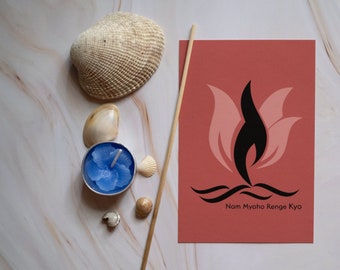 Lotus Card - Nam Myoho Renge Kyo - Lotus Card For Nichiren Buddhists - Coral - Black - Vector Art