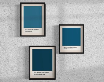 Nam Myoho Renge Kyo - 3 Piece Wall Art - Gosho - Color Block Art  - Nichiren Buddhism - Blue Color Block Poster Prints - Digital Downloads