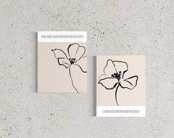 Abstract Botanical Wall Art - Nichiren Buddhism - Nam Myoho Renge Kyo - Ink Flowers - Linework Art - 8x10 Wall Art Set - Beige Black