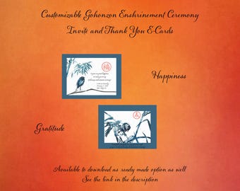 Customizable Gohonzon Enshrinement Ceremony Invitation / Thank You Ecards - Happiness and Gratitude Chop - Nam Myoho Renge Kyo  - Sumi-e Art