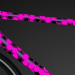 May include: A black bicycle frame with a pink honeycomb pattern design.