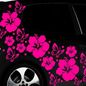 Adesivo per auto da 108 pezzi fiori di ibisco farfalle DECALCOMANIE DA PARETE HAWAII fiori punti