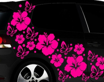 108- teiliges Auto Aufkleber Hibiskus Blumen Schmetterlinge HAWAII WANDTATTOO Flowers Punkte