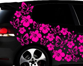 108- teiliges Auto Aufkleber Hibiskus Blumen Schmetterlinge HAWAII WANDTATTOO Flowers Punkte xy
