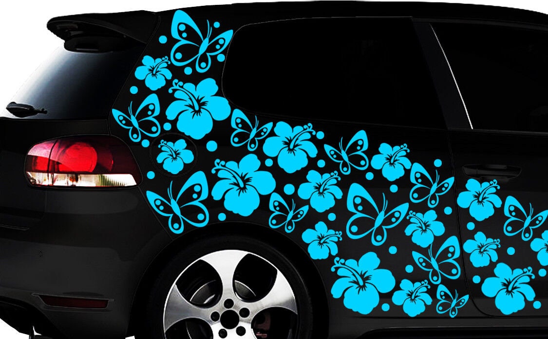 4Sheets Hibiscus Flower Car Sticker White Hawaiian Stickers And Decals Reflective Stickers Waterproof Vinyl Automotive Exterior Decor Suv Truck Motorcycl
