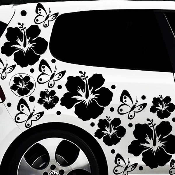 108- teiliges Auto Aufkleber Hibiskus Blumen Schmetterlinge HAWAII WANDTATTOO Flowers Punkte x