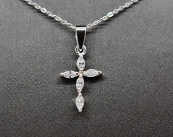 925 Sterling silver pendant necklace,  small CZ cross pendant necklace, Religious cross pendant