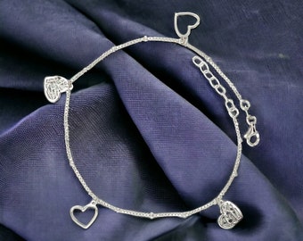 925 Sterling Silver Anklet, Box Chain With Bead Dangling Filigree And Open Heart Adjustable 9+1inch Anklet, Minimalist Anklet Gift For Her