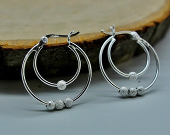 925 Sterling Silver Hoop Earrings for Women. 925 Sterling Silver Earrings. Double Circle w/ Moving Beads Hoop Earrings. Gift for her.