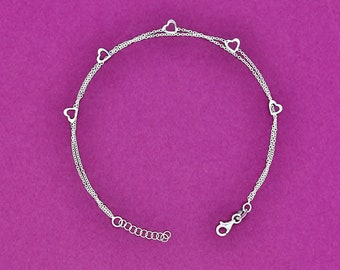 925 sterling silver anklet, double strand heart anklet, 925 silver anklet, anklet gift for her, 925 anklet silver, adjustable 10 inch anklet
