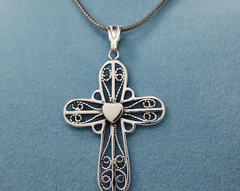925 Sterling Silver pendant necklace, Rhodium Plated Heart Cross Pendant Necklace Antique Style Sterling Silver Oxidized Necklace