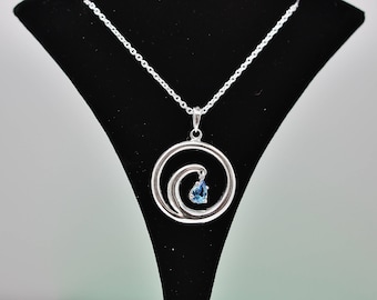 925 Sterling silver pendant, Necklace with ocean wave aquamarine crystal cz pendant necklace heart of the ocean beach waves blue stone cz