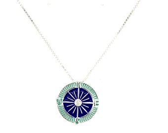 925  sterling silver pendant, Necklace with enamel compass pendant necklace | simulated diamond cz dark blue-light green enamel design