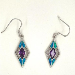 925 Sterling Silver Dangle & Drop Earrings. 925 Sterling Silver Opal Earrings for Women. Fancy Blue Opal w/ Amethyst Diamond Shaped Earrings