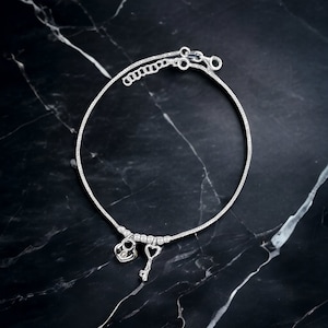 925 Sterling Silver Anklet, Handmade Heart And Key Anklet Sterling Silver 10inch Anklet. Box Chain With Bead Anklet Adjustable