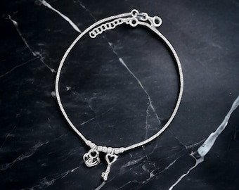 925 Sterling Silver Anklet, Handmade Heart And Key Anklet Sterling Silver 10inch Anklet. Box Chain With Bead Anklet Adjustable