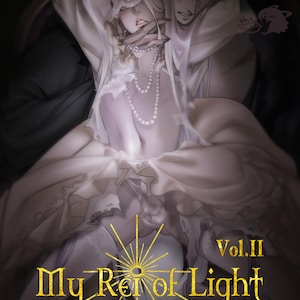Peut inclure: Illustration d'une femme en robe blanche avec un collier de perles, tenue par un homme. L'image contient le texte "My Rei of Light Vol.II" en lettres dorées, avec "Original series by UnoDay Studio" en dessous.
