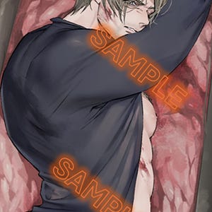 May include: Illustration of a person with short blonde hair, wearing a dark blue long-sleeve shirt and dark pants. The image has the word "SAMPLE" in orange neon text. The person is lying on a red and pink surface.