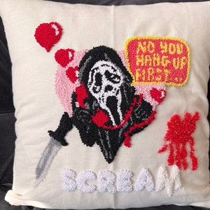 Scream Themed Punch Needle Pillow Covers, Decorative Scary Throw Pillow Case, HandDrawn Designed Embroidered Cushion Case, Housewarming Gift