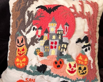 LED Lighted Halloween Pillow Cover: Hand-Tufted Spooky Castle Design