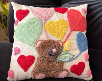 Decorative Punch Needle Pillow Covers, Teddy Bear & Hearts Pillow Case, Designed for Patio Chair Cushions Case, Embroidered Unique Pillows