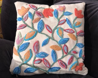 Decorative Floral Punch Needle Pillow Covers 40x40 cm, Leaves Throw Pillow Case, Designed for Patio Chair Cushions Case, Embroidered Pillow