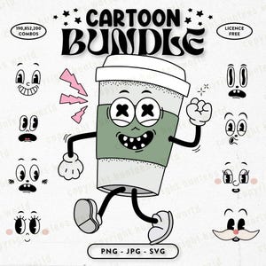 Groovy Retro Mascot Builder | Cartoon Character Bundle | Logos Branding Stickers Clipart Vector | Coffee Icecream Disco Sun | Svg Png Jpg