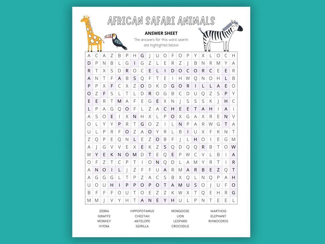 Printable Word Searches for Kids, African Safari Animals, Puzzles ...