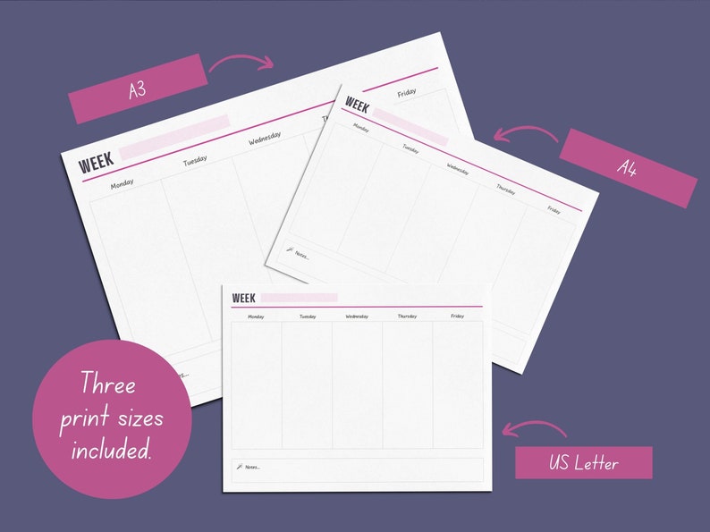 5 Day Planner, Printable, Monday to Friday, Undated, Landscape ...