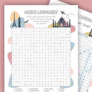 Printable Famous World Landmarks Word Search for Kids, Learning Activity Puzzle Game, Teacher & Parent Resource, Education Worksheet.