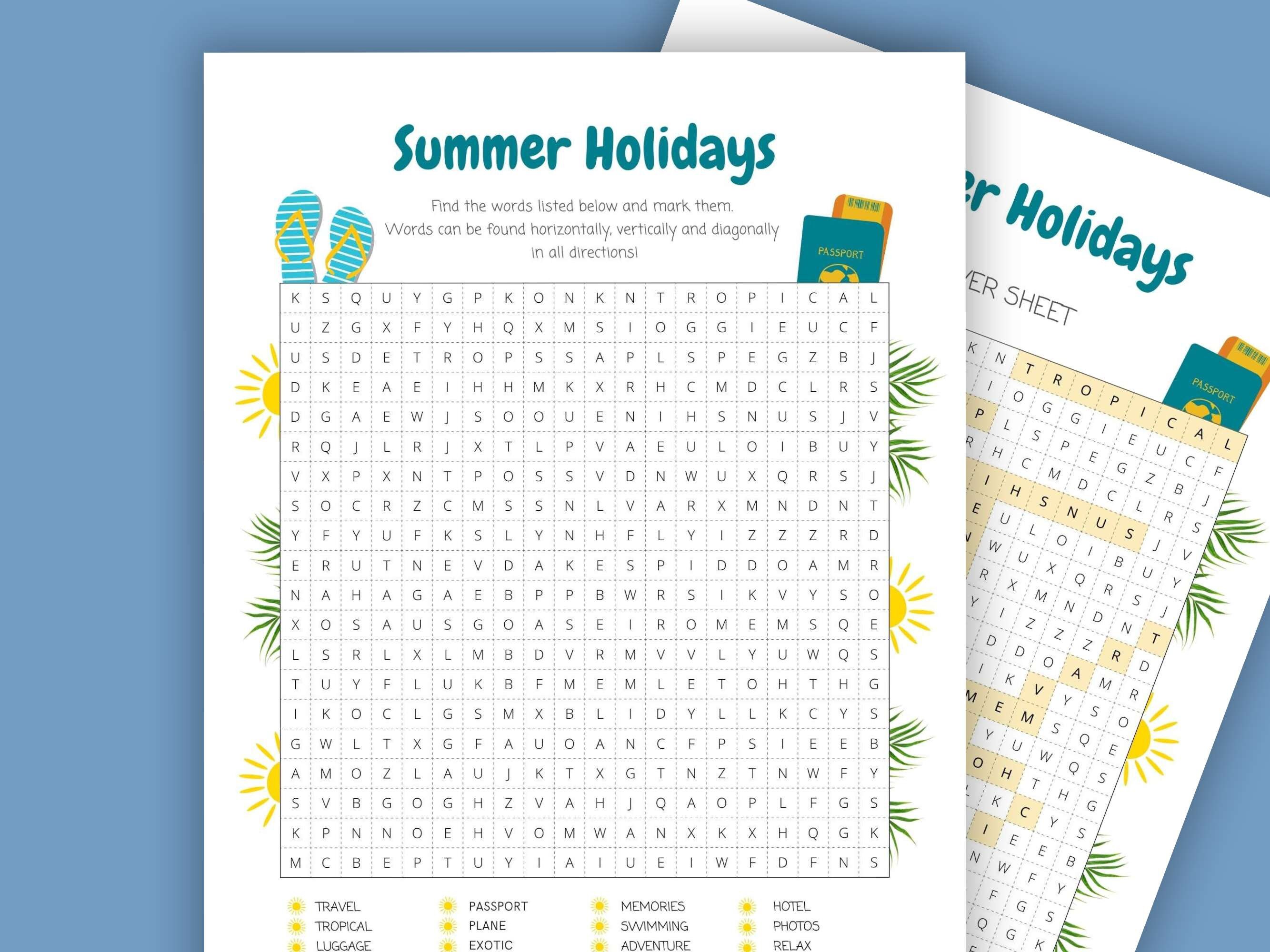 Printable Summer Holidays Word Search for Kids, Learning Activity