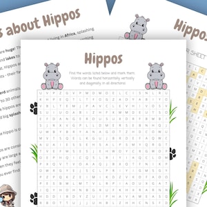 Afdrukbare woordzoeker nijlpaarden voor kinderen. Inclusief leuk informatieblad. Woordzoeker dieren. Hulpmiddel voor ouders voor leerkrachten. Leeractiviteit.